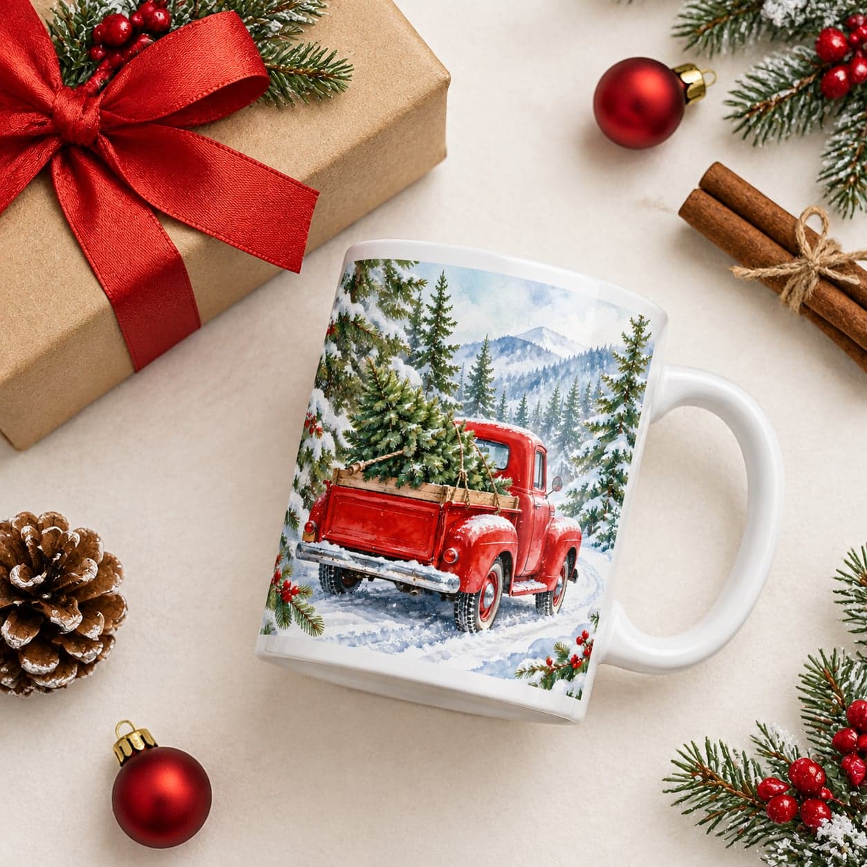 Red Truck Christmas Tree Mug 11oz – Snowy Pine Forest Coffee Cup – image 5