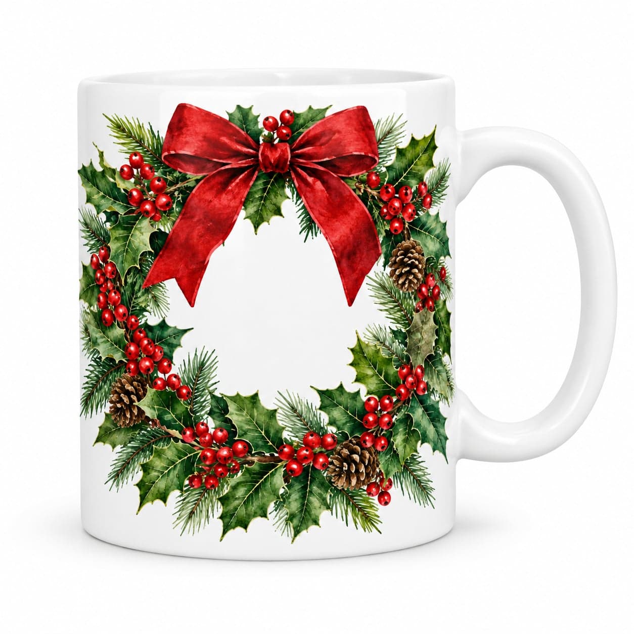 Watercolor Holly Wreath Christmas Mug 11oz – Elegant Holiday Coffee Cup