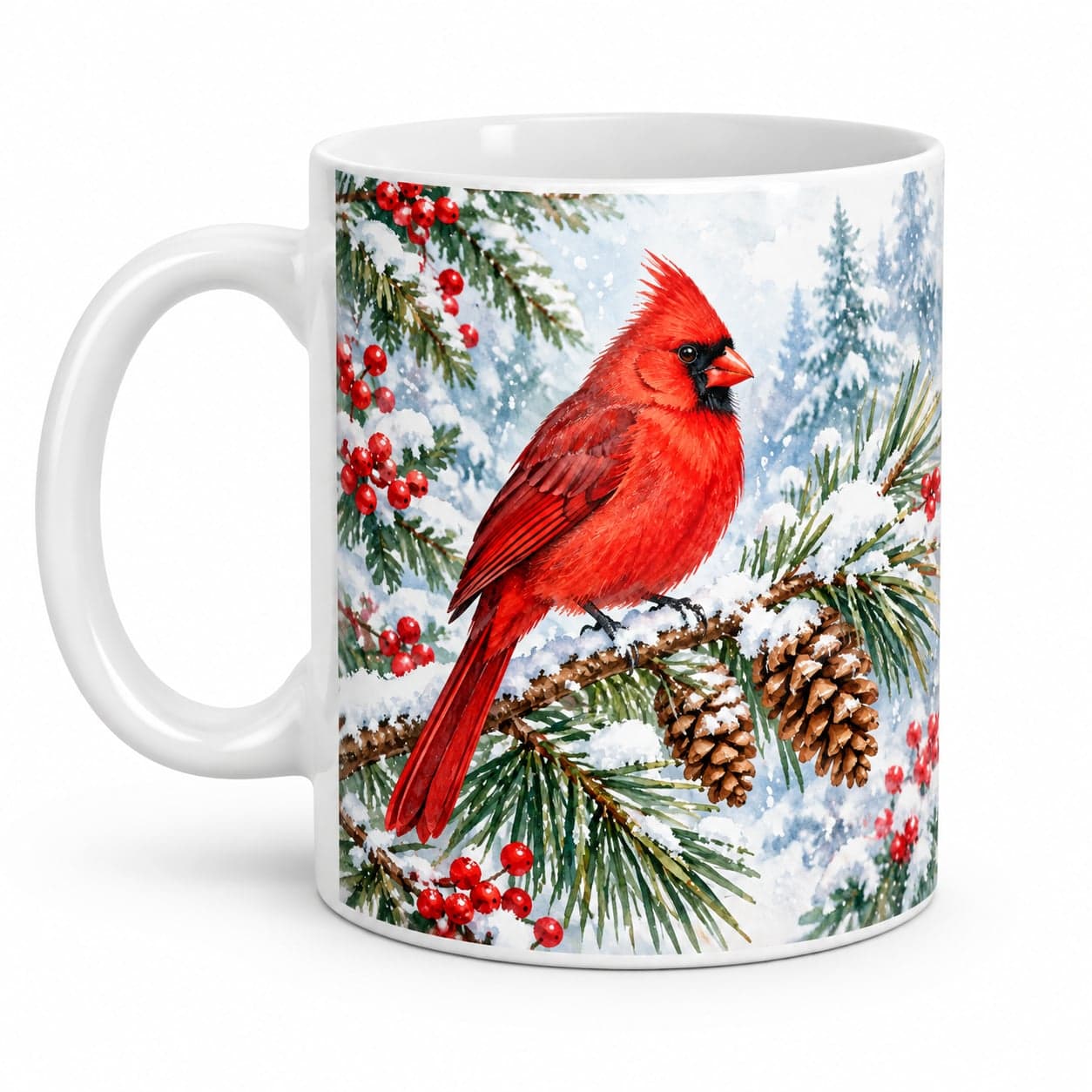 Red Cardinal Snowy Pine Christmas Mug 11oz – Winter Bird Coffee Cup – image 2