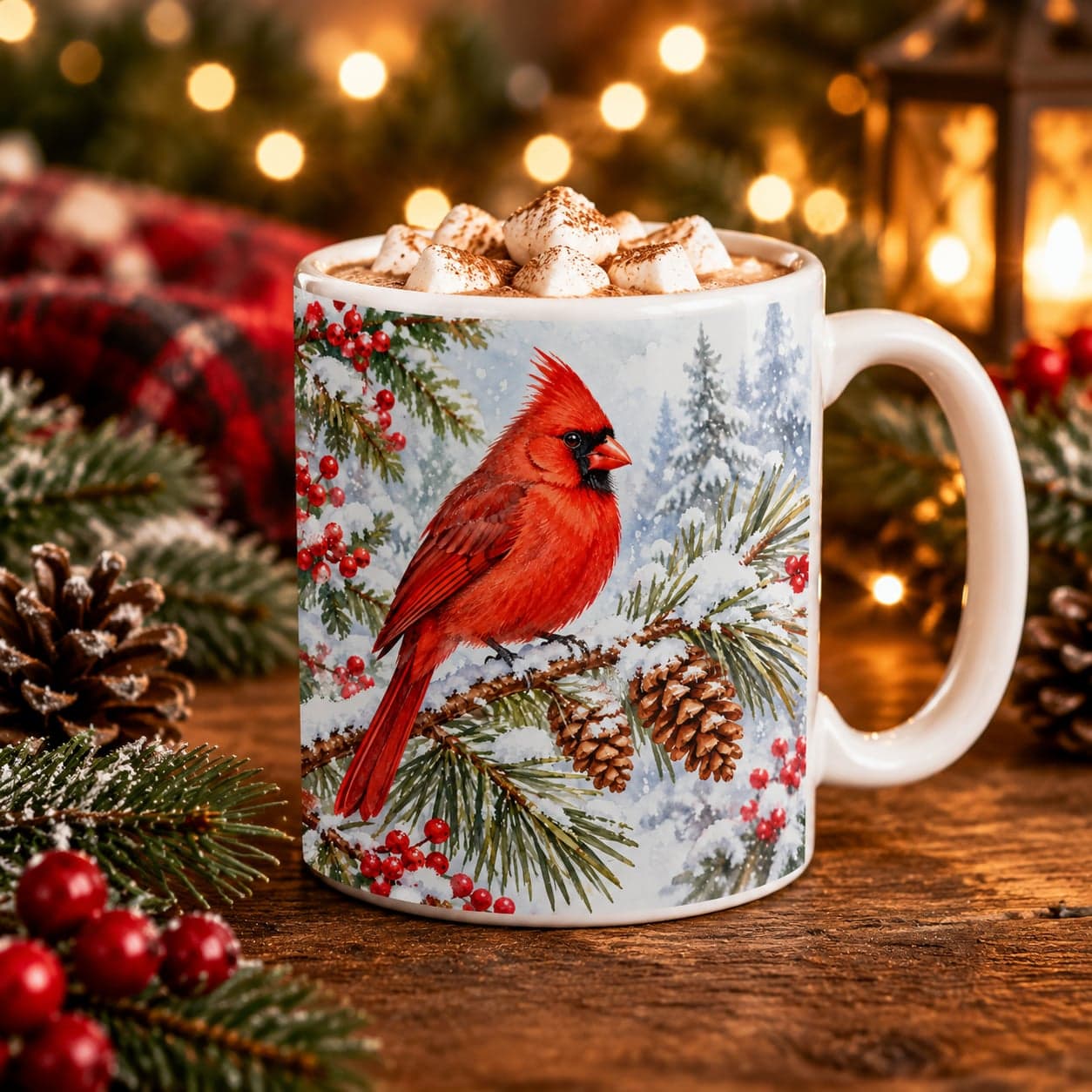 Red Cardinal Snowy Pine Christmas Mug 11oz – Winter Bird Coffee Cup – image 3