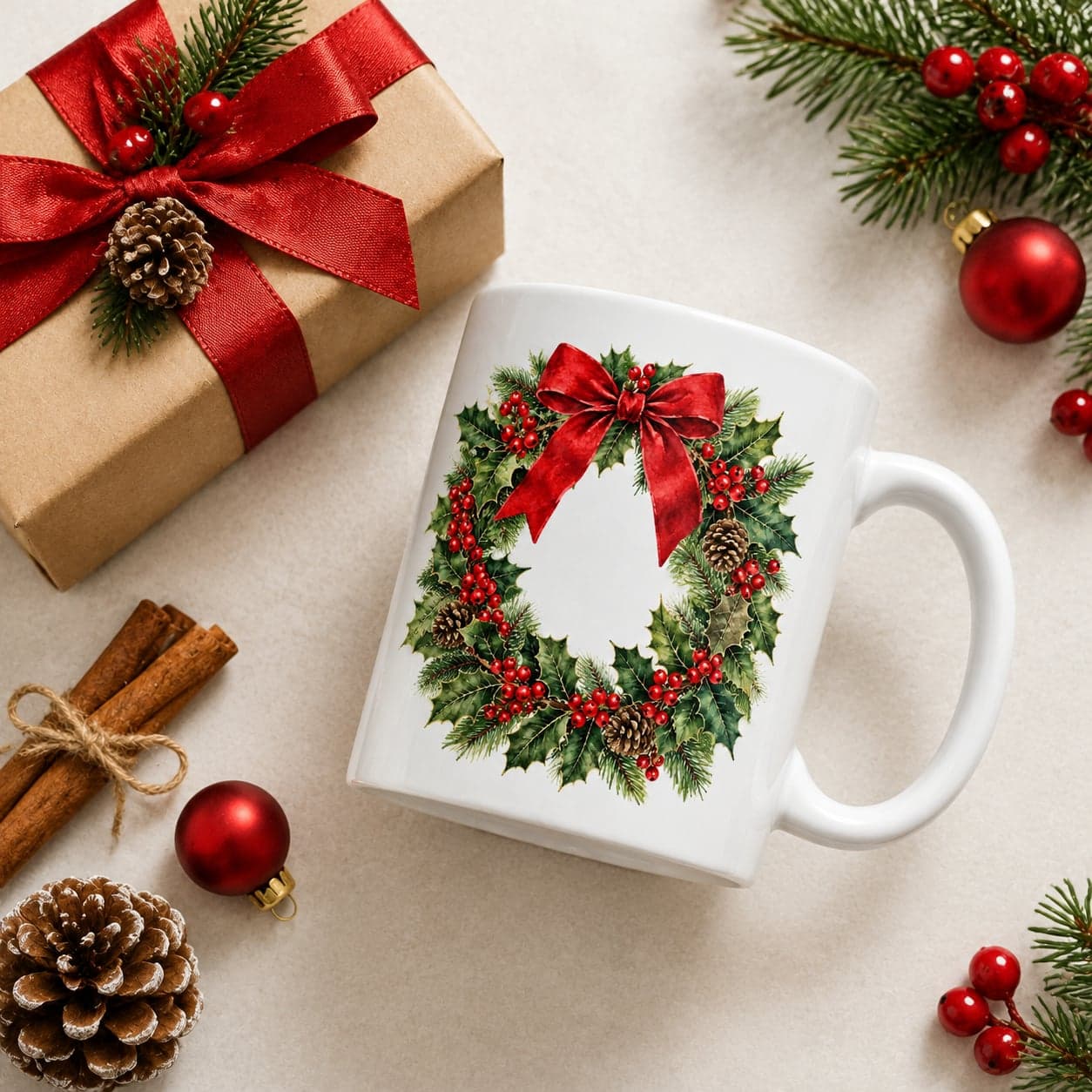 Watercolor Holly Wreath Christmas Mug 11oz – Elegant Holiday Coffee Cup – image 5
