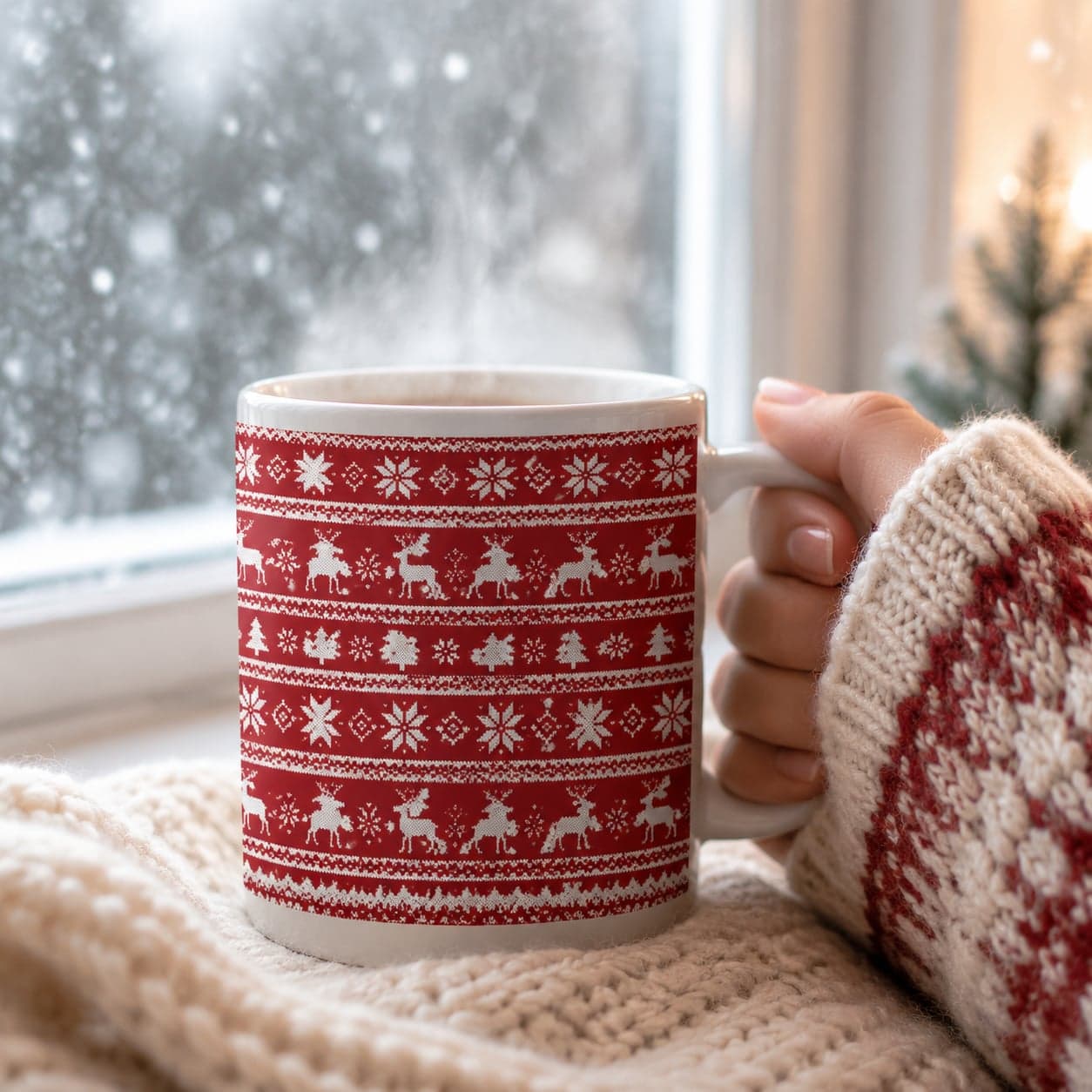 Nordic Knit Christmas Mug 11oz – Scandinavian Sweater Pattern Coffee Cup – image 4