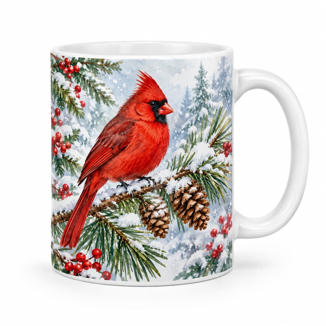 Red Cardinal Snowy Pine Christmas Mug 11oz – Winter Bird Coffee Cup