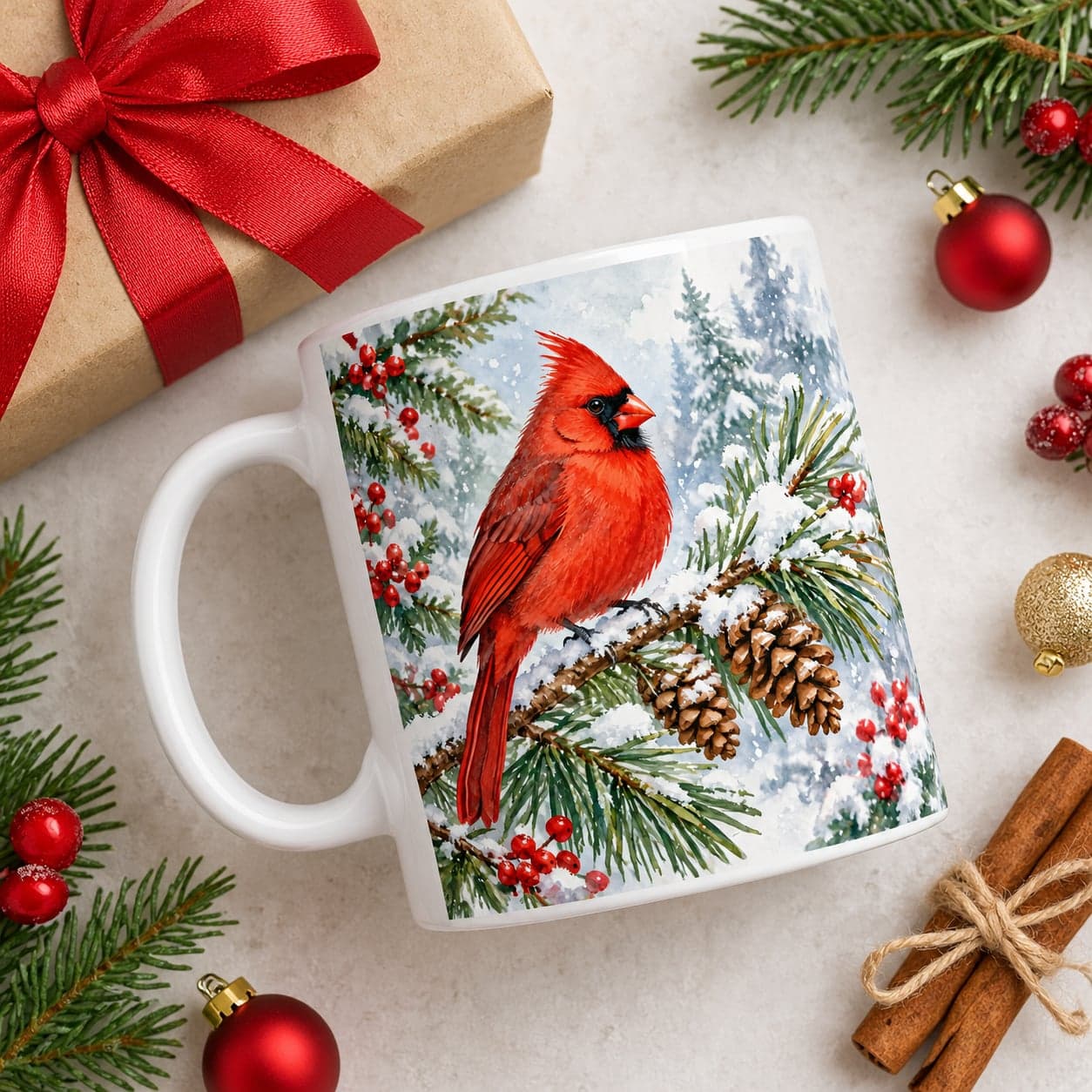 Red Cardinal Snowy Pine Christmas Mug 11oz – Winter Bird Coffee Cup – image 5