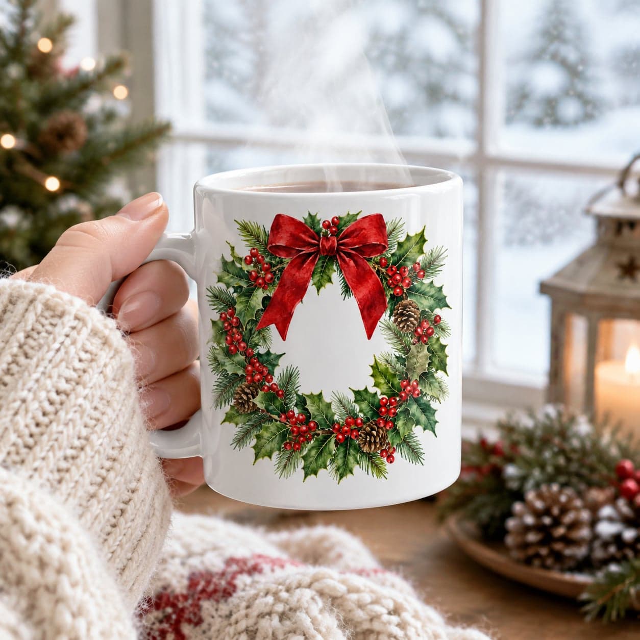Watercolor Holly Wreath Christmas Mug 11oz – Elegant Holiday Coffee Cup – image 4