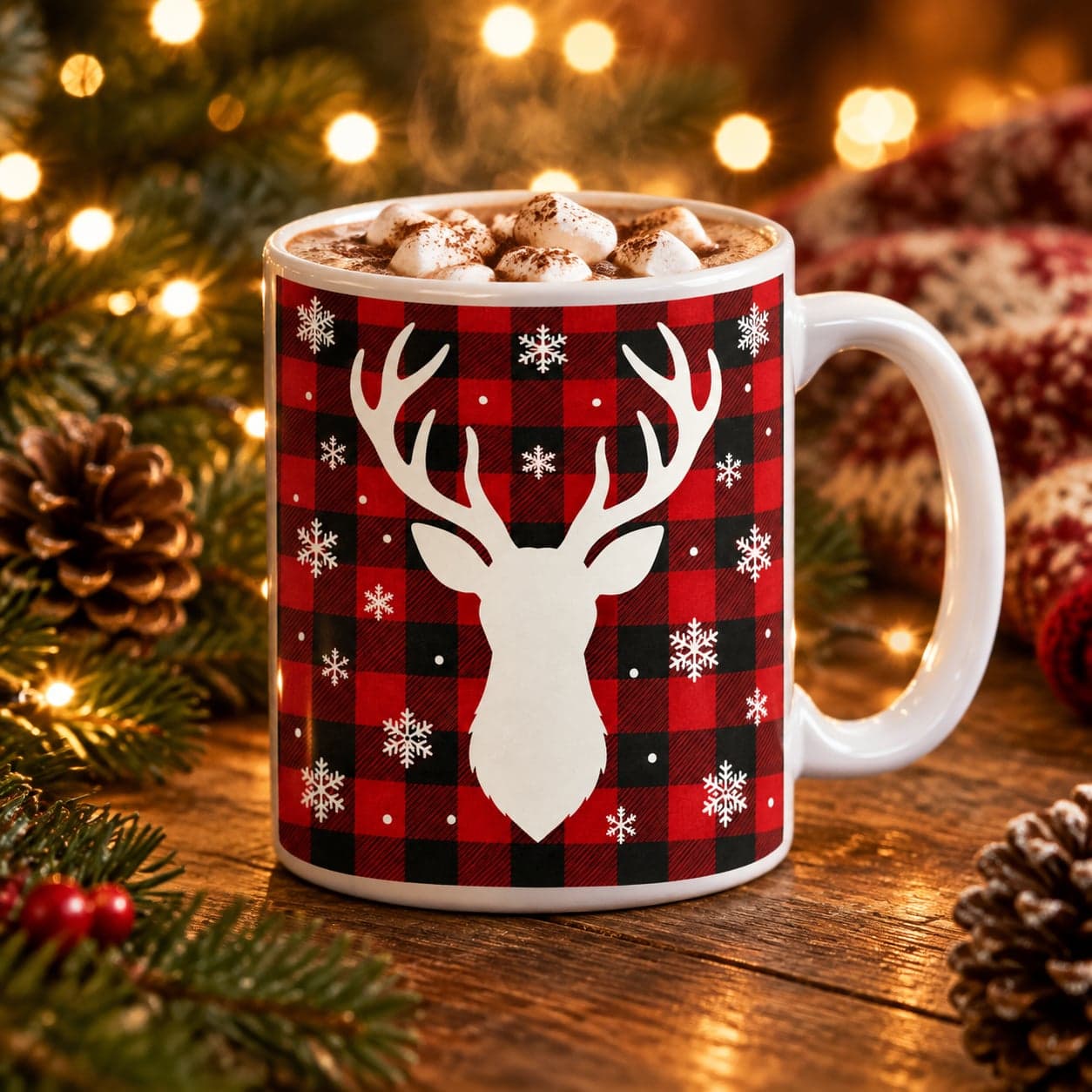 Reindeer Buffalo Plaid Christmas Mug 11oz – Rustic Farmhouse Coffee Cup – image 3