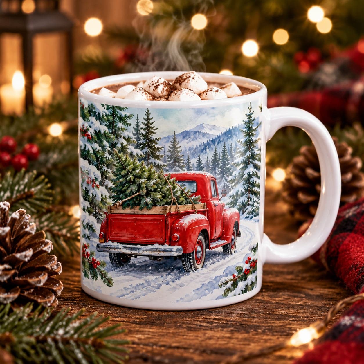 Red Truck Christmas Tree Mug 11oz – Snowy Pine Forest Coffee Cup – image 3