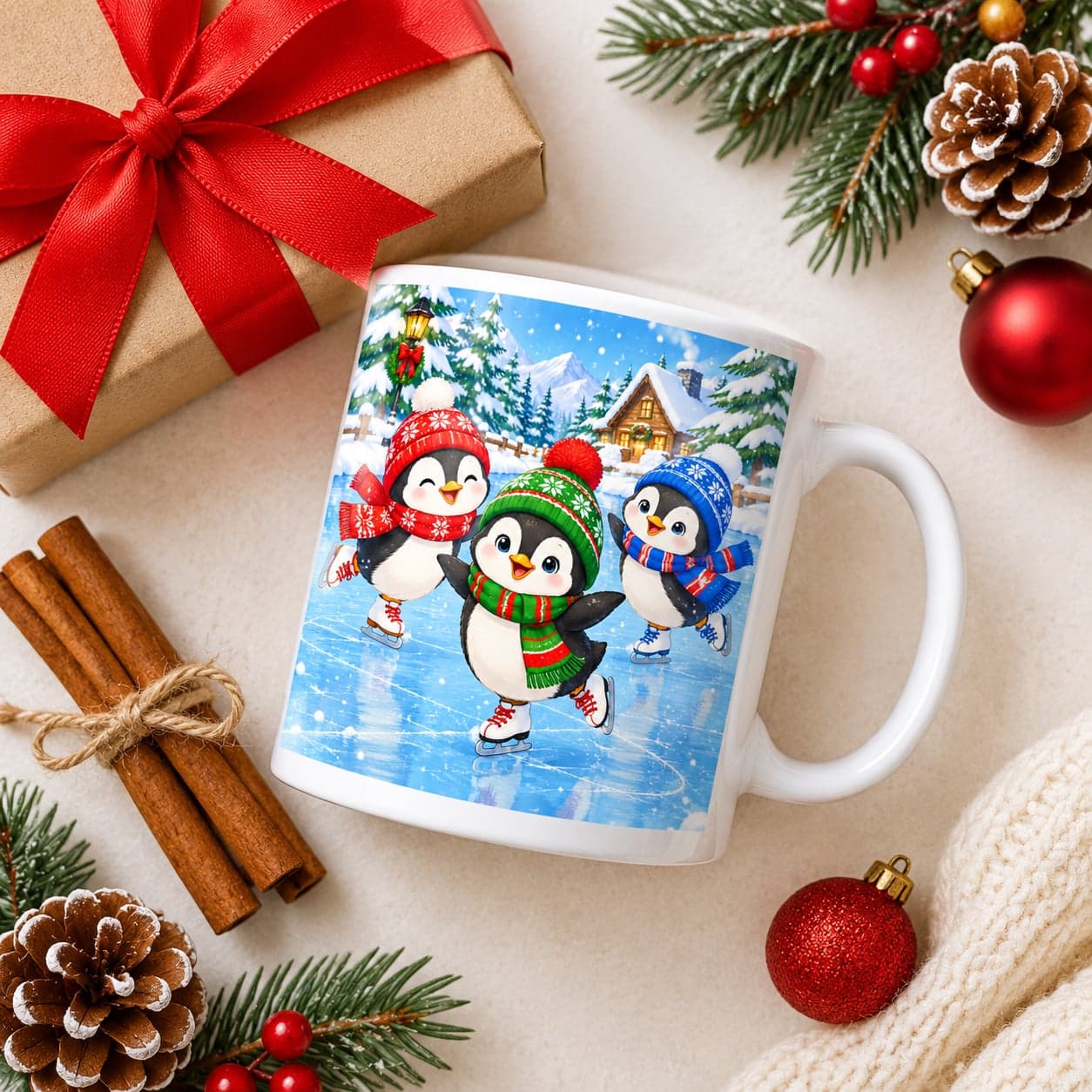 Penguins Ice Skating Christmas Mug 11oz – Cute Winter Coffee Cup – image 5