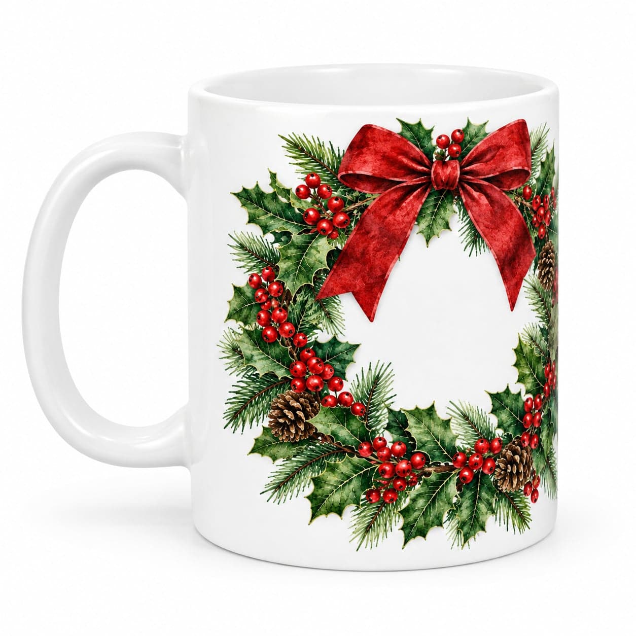 Watercolor Holly Wreath Christmas Mug 11oz – Elegant Holiday Coffee Cup – image 2