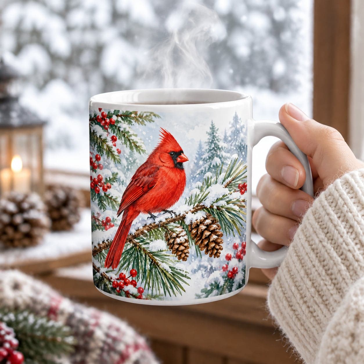 Red Cardinal Snowy Pine Christmas Mug 11oz – Winter Bird Coffee Cup – image 4