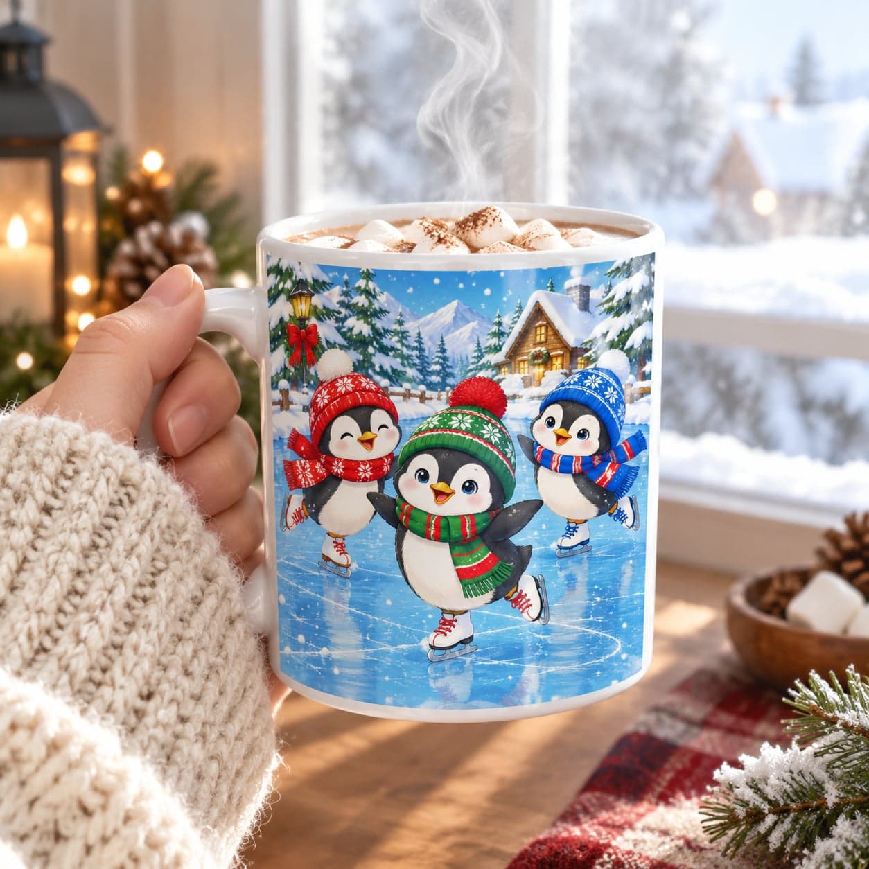 Penguins Ice Skating Christmas Mug 11oz – Cute Winter Coffee Cup – image 4