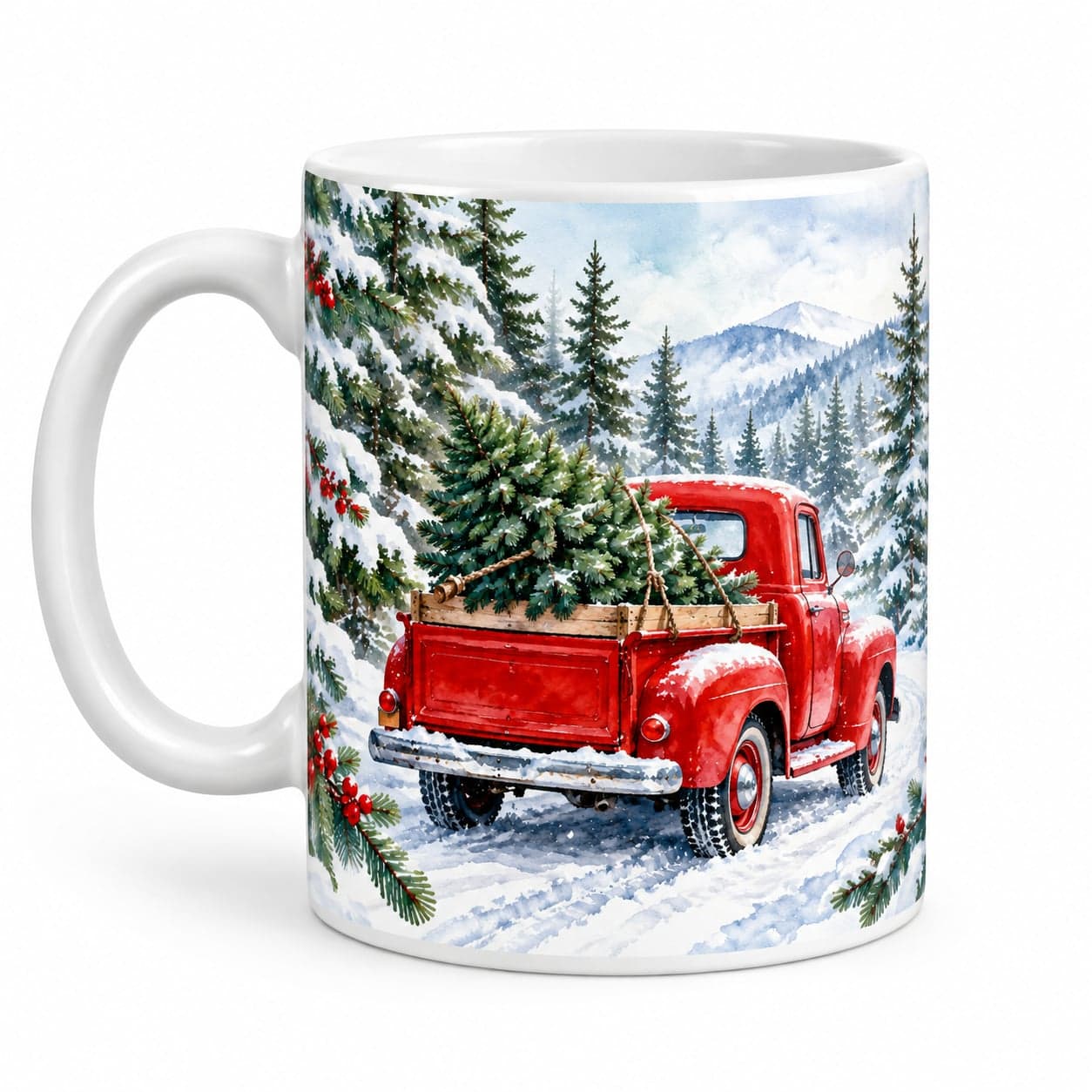 Red Truck Christmas Tree Mug 11oz – Snowy Pine Forest Coffee Cup – image 2