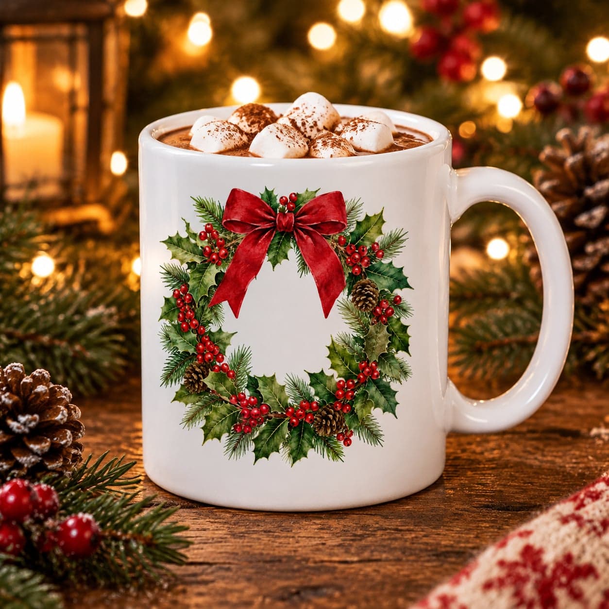Watercolor Holly Wreath Christmas Mug 11oz – Elegant Holiday Coffee Cup – image 3