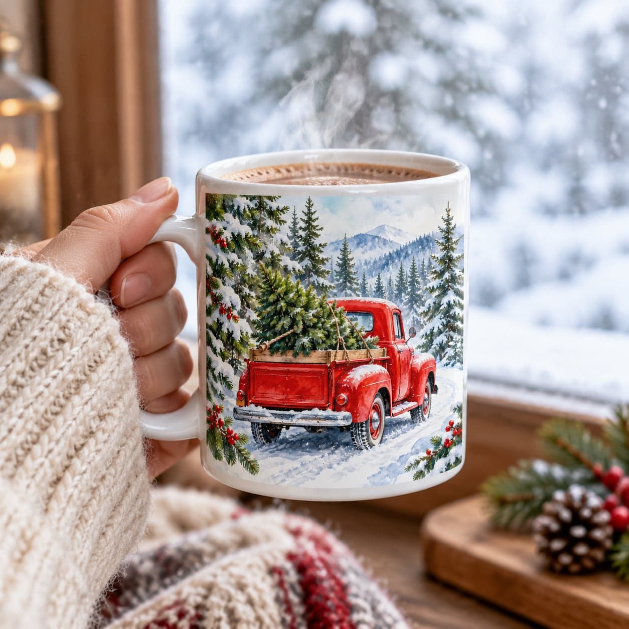 Red Truck Christmas Tree Mug 11oz – Snowy Pine Forest Coffee Cup – image 4