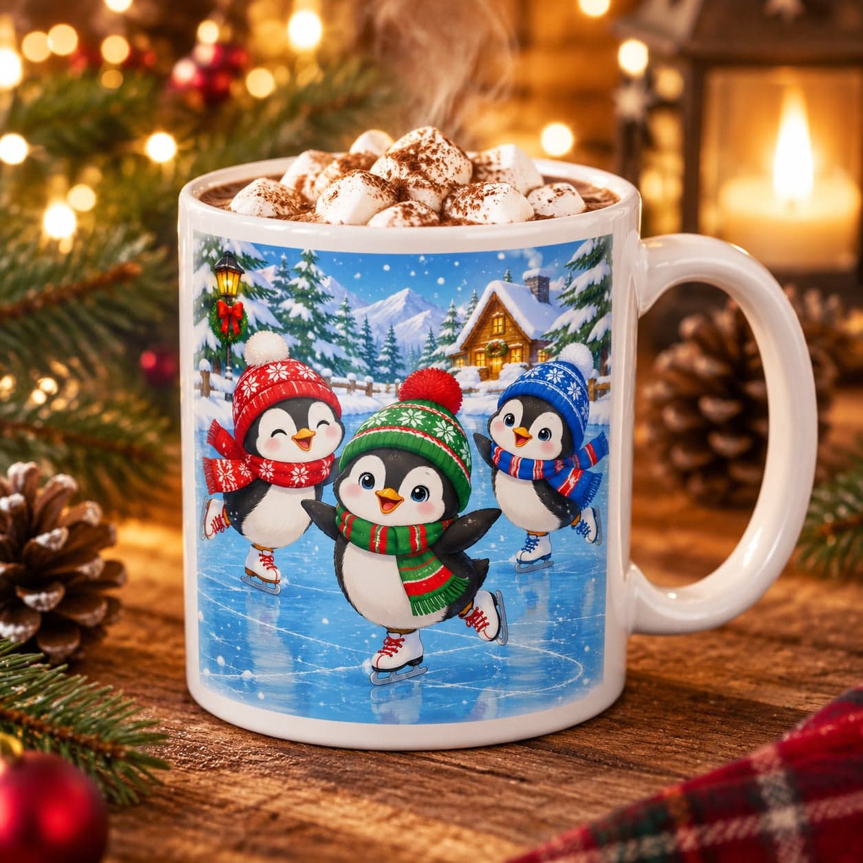 Penguins Ice Skating Christmas Mug 11oz – Cute Winter Coffee Cup – image 3