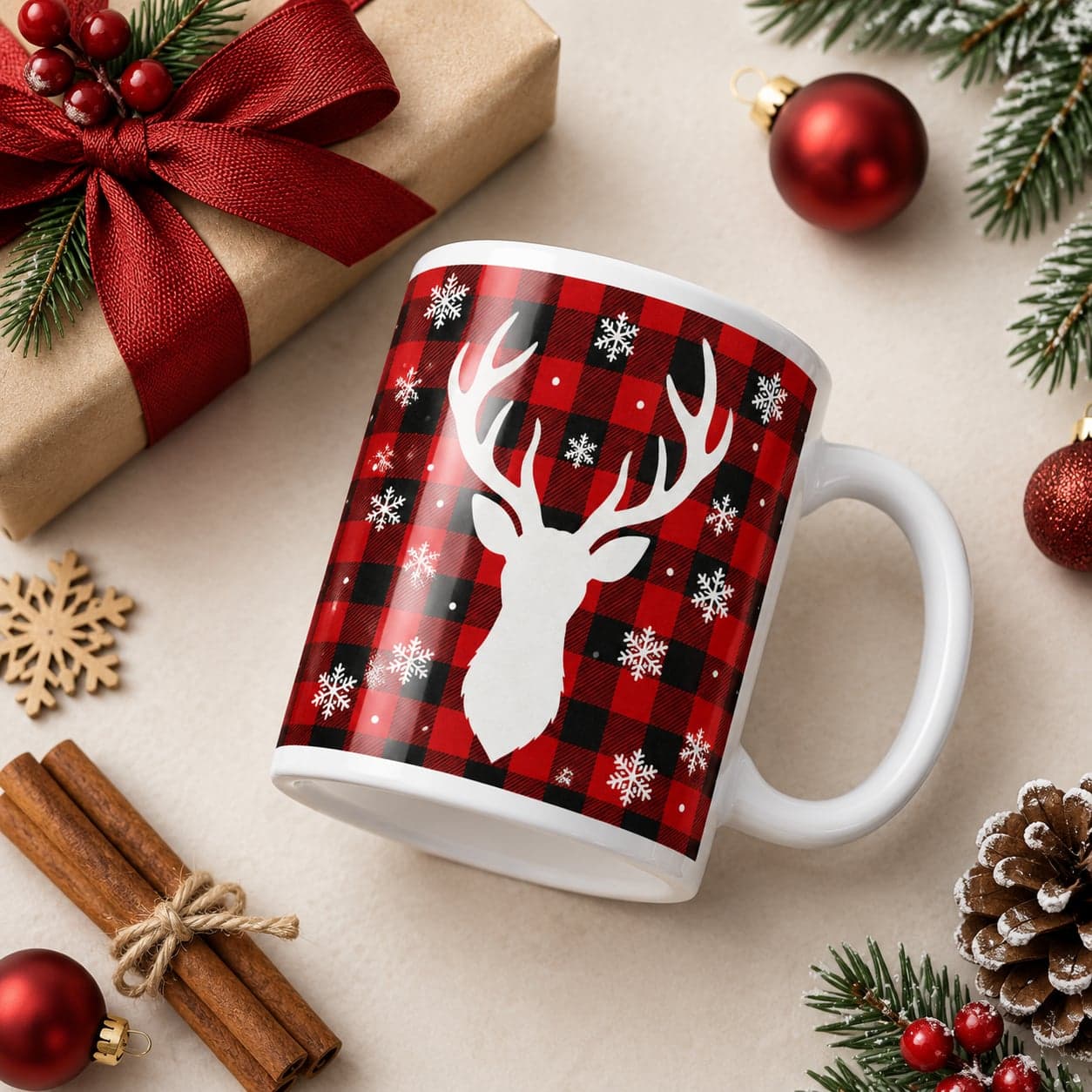 Reindeer Buffalo Plaid Christmas Mug 11oz – Rustic Farmhouse Coffee Cup – image 5