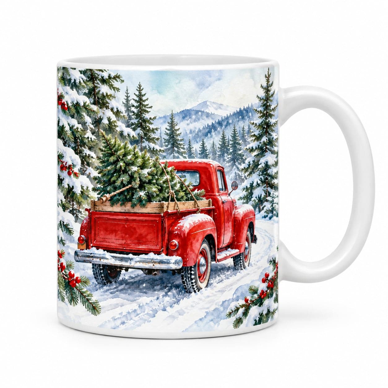 Red Truck Christmas Tree Mug 11oz – Snowy Pine Forest Coffee Cup