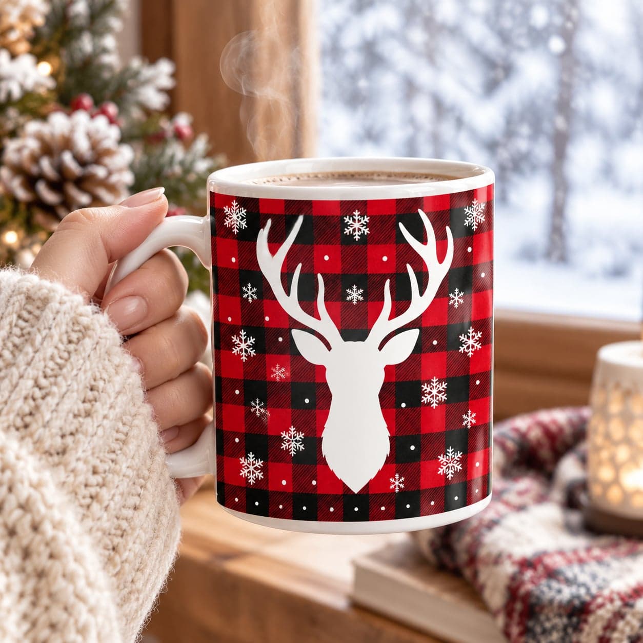 Reindeer Buffalo Plaid Christmas Mug 11oz – Rustic Farmhouse Coffee Cup – image 4